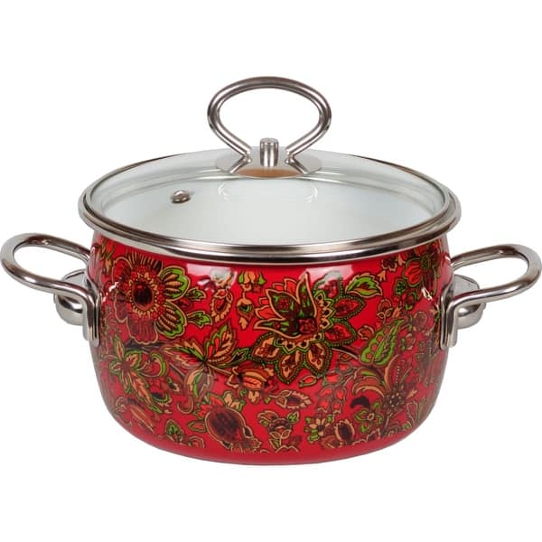 slide 1 of 4, STP Goods Khokhloma - Russian Motives Enamel on Steel 5.3-quart Stock Pot
