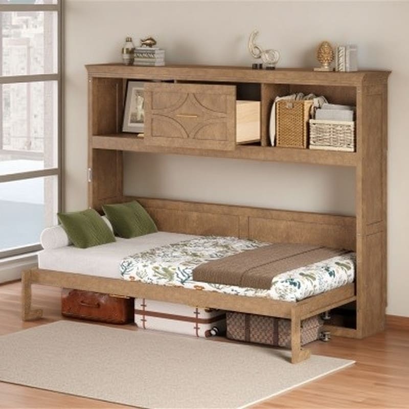 Twin Wooden Murphy Bed with Built-In Charging Station, Drawer & Storage Cabinets, Space-Saving Foldable Wall Design