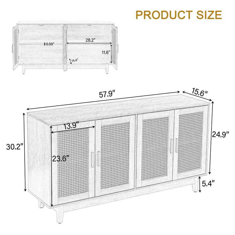 Rattan Accent Cabinet Storage Sideboard Buffet with 4 Doors