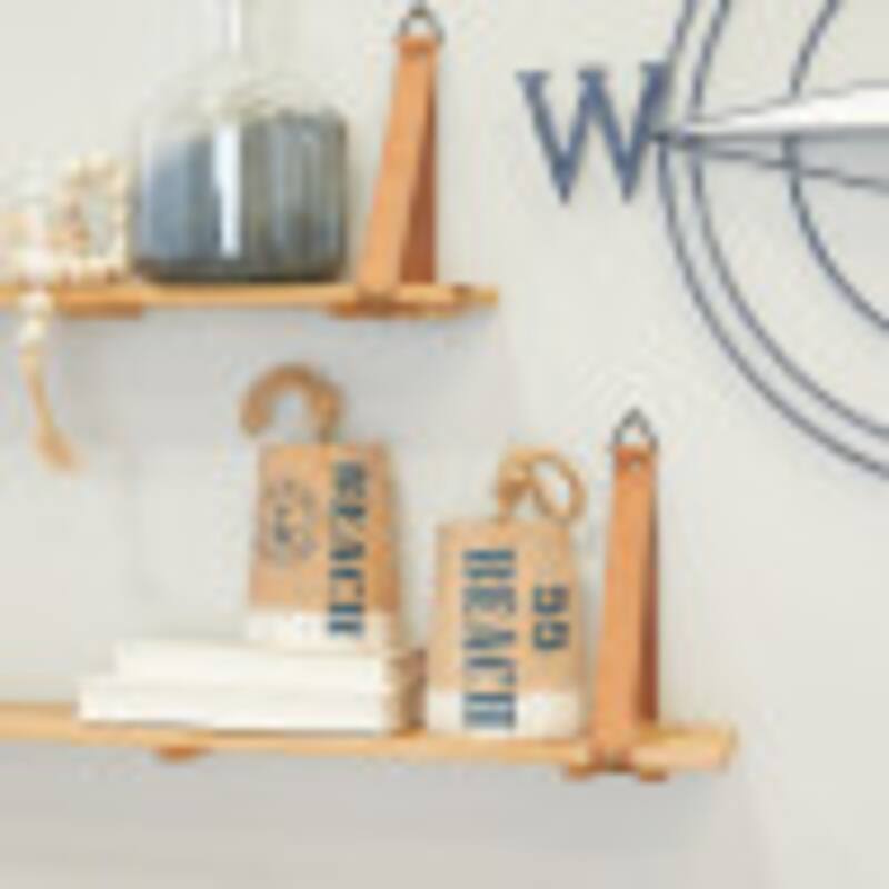 Brown Wood Door Stopper Buoy Decorative Sculpture with Rope Accents (Set of 2) - Brown / White