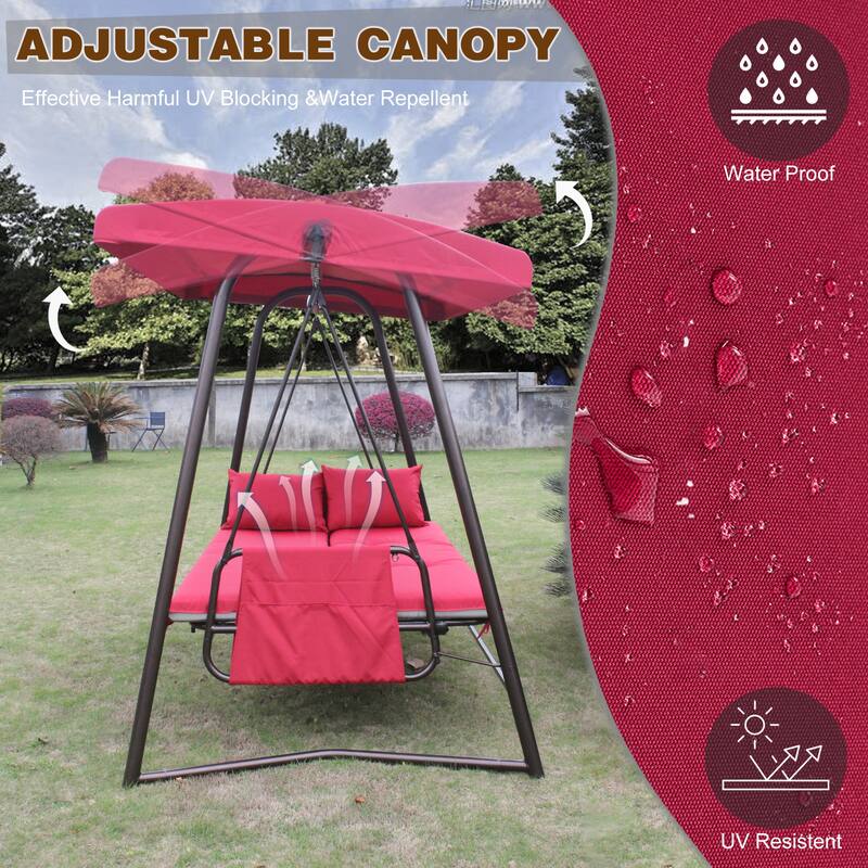 Metal Frame Swing Chair Convert Swing Bed with Adjustable Canopy Outdoor Patio Hanging Chair Hammock Chairs, 3-Seater