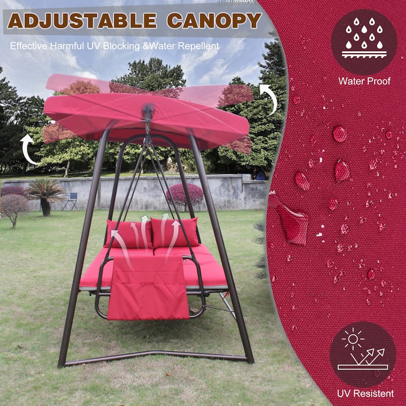 Outdoor Patio Swing Chair with Converts to Bed, Includes Weatherproof Canopy and Thick Cushion (Seats 3 Adults)