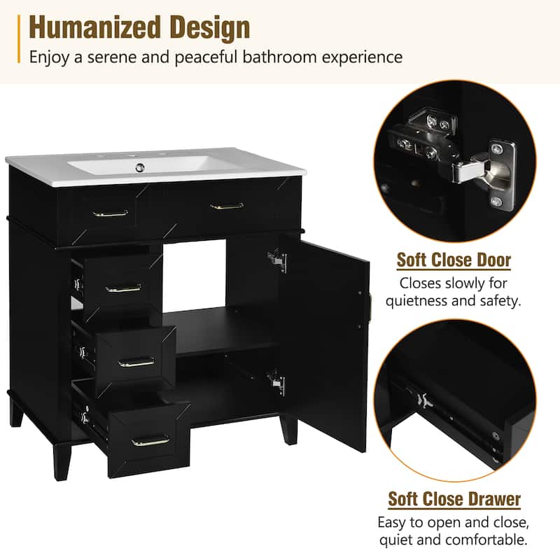 30" Bathroom Vanity with Ceramic Sink, Adjustable Shelf, Soft Close Door, and Three Soft Close Drawers
