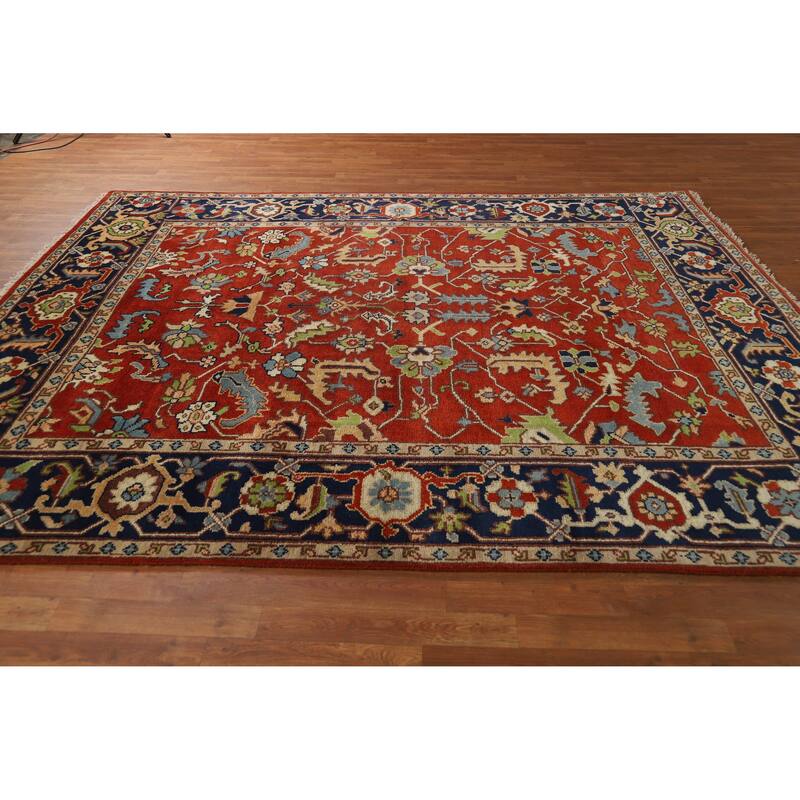 Hand Knotted Oriental 100% Wool Carpet Transitional All-Over Red Oushak Area Rug - 9' 11'' X 7' 11''
