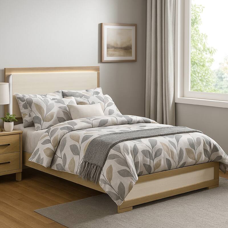 Hyle Queen Size Bed, Natural Brown Hardwood, LED Backlit Headboard