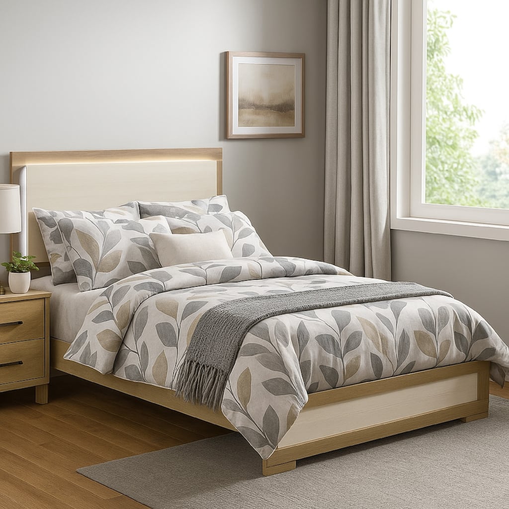 Hyle Queen Size Bed, Natural Brown Hardwood, LED Backlit Headboard