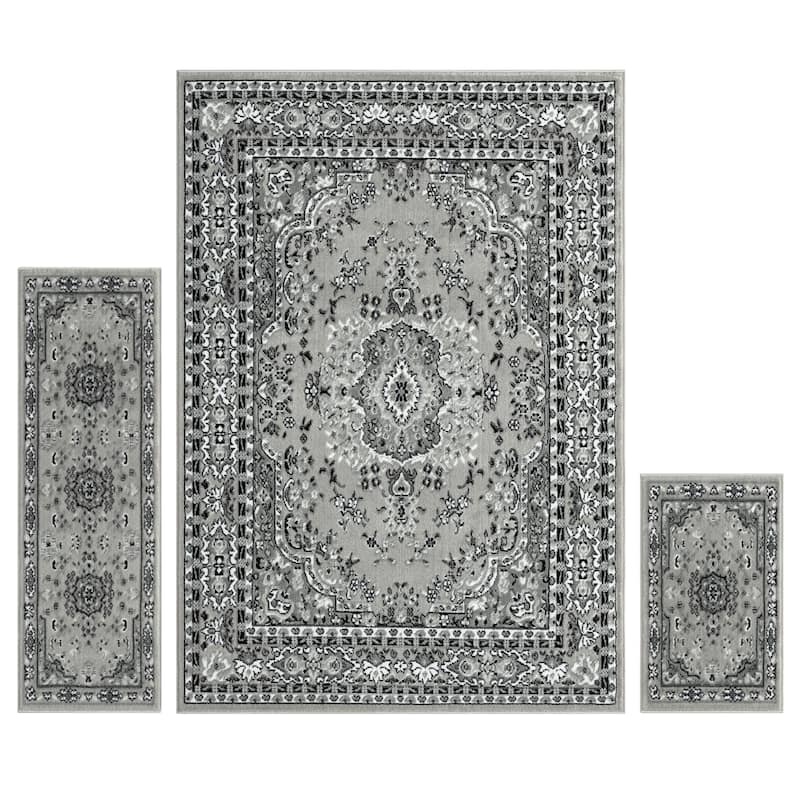 Home Dynamix Ariana Ksara Traditional Medallion Border Area Rug Set, 3 Piece - 3 Pcs (4'11"x6'10",1'7"x4'11",1'7"x2'7") - Gray/Black - Rectangle