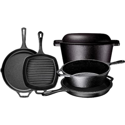 Pre Seasoned Cast Iron 6 Piece Bundle Gift Set, Double Dutch, Multi Cooker, Skillet & Square Grill Pan, Camping Cookware
