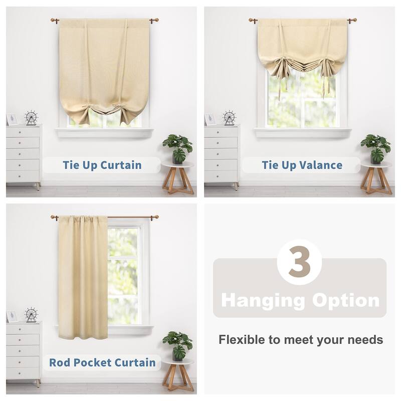 DriftAway Faux Linen Textured Solid Color Blackout Tie Up Curtain for Kitchen Adjustable Balloon Rod Pocket Window Curtains
