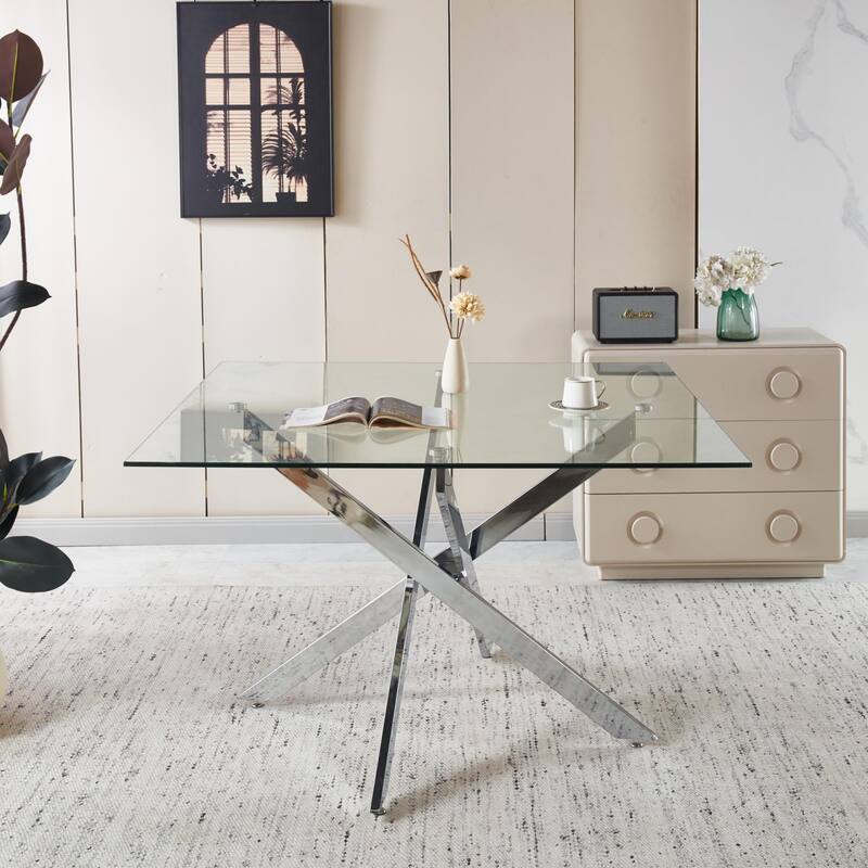 47.24"L Dining Table with Cross Metal Leg and Glass Top - Silver