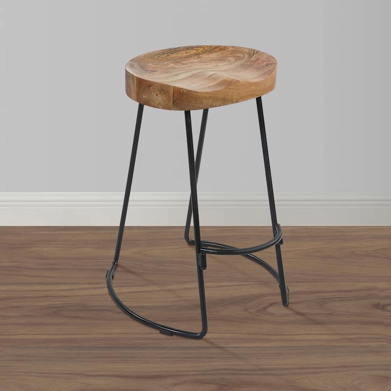 Ela 24 Inch Counter Height Stool, Mango Wood Saddle Seat, Iron Frame, Brown and Black