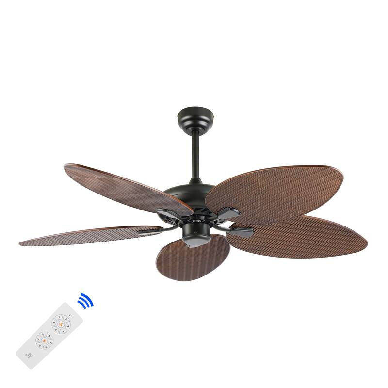 Max 52" Bohemian Industrial Iron/Plastic Mobile-App/Remote-Controlled 6-Speed Palm Blade Ceiling Fan, by JONATHAN Y - Black/Neutral Brown Wood