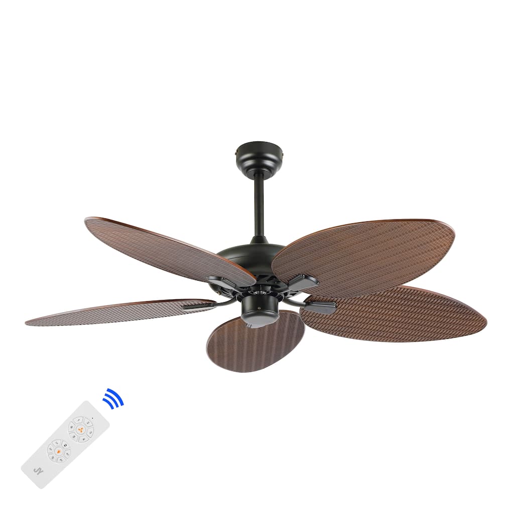 Max 52" Bohemian Industrial Iron/Plastic Mobile-App/Remote-Controlled 6-Speed Palm Blade Ceiling Fan, by JONATHAN Y