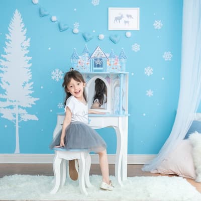 Teamson Kids - Dreamland Castle Play Vanity Set - White / Ice Blue - 23.5" L x 12.52" W x 46.5" H