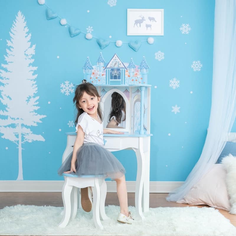 Teamson Kids - Dreamland Castle Play Vanity Set - White / Ice Blue - 23.5" L x 12.52" W x 46.5" H