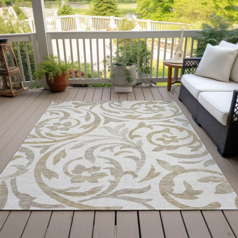 Machine Washable Indoor/ Outdoor Chantille Floral Scroll Rug - Ivory - 5' x 7'6"