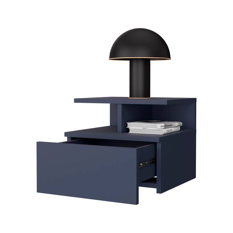Modern Blue Nightstand with Drawer and 3 Shelves, Compact Storage for Bedroom