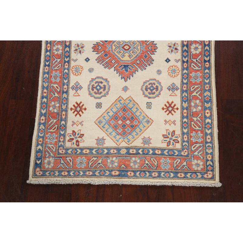 Geometric Kazak Oriental Wool Area Rug Hand-knotted Kitchen Carpet - 3'1" x 4'10"
