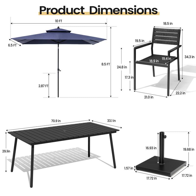 9PC Outdoor Patio Dining Set Wood-Like Aluminum Umbrella Hole Table with Stackable Armchairs,Double Top Market Umbrella and Base