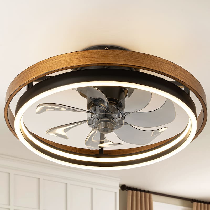 20 in. Modern Circle Wheel Color-Changing Integrated LED Semi-Flush Mount Fandelier w/ Remote Control - 19.6 in. W x 7.6 in. H - 19.6 in. W x 7.6 in. H - Black