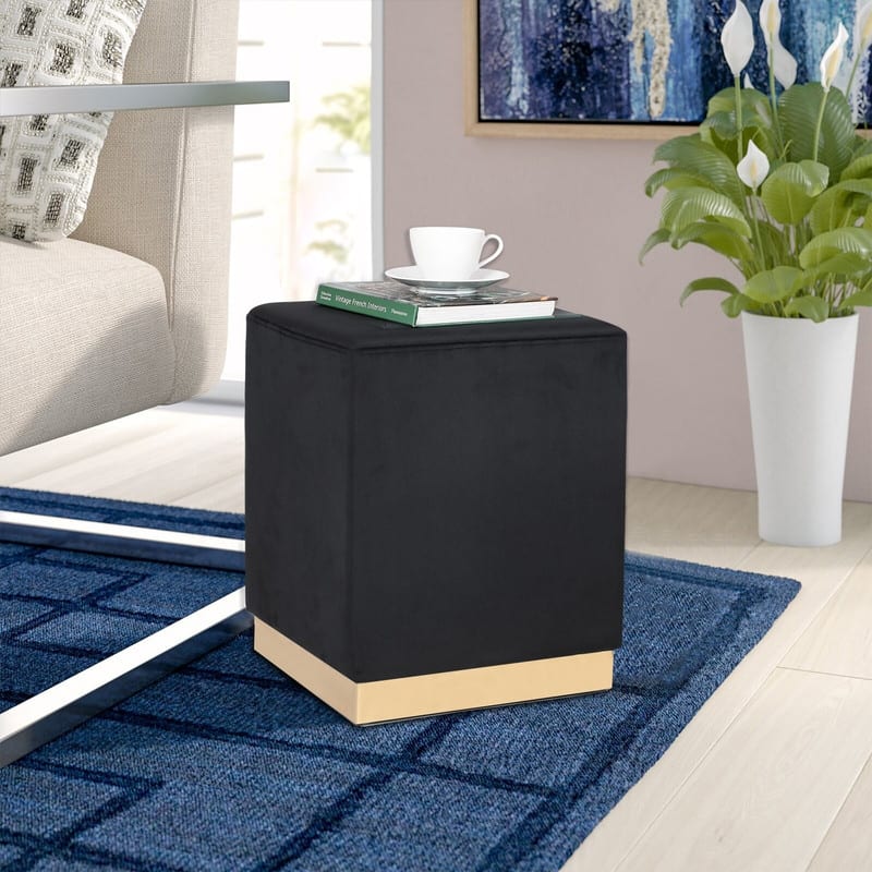 Adeco Ottoman Footrest Vanity Stool Gold Trim Footstool - Black