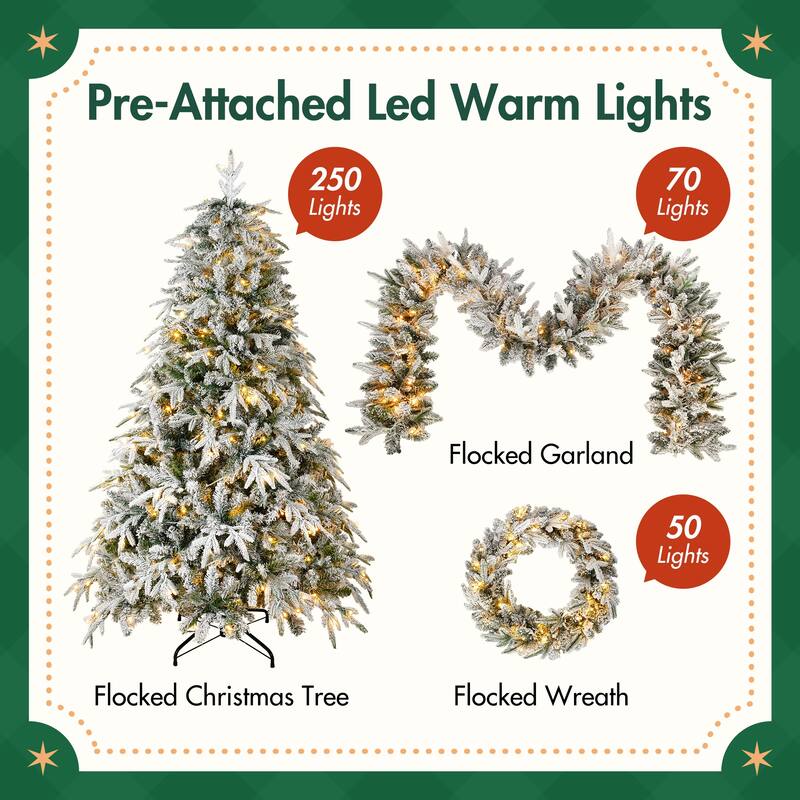 Xmas Snow Garland and Snow Xmas Tree, 3 Pac Snowy Flocked Christmas Decor with LED Lights,9ft Flocked Garland,6ft Flocked Tree