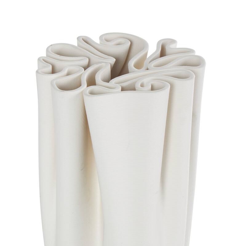 White Ceramic Ribbed Dimensional Folded Abstract Vase with Compact Wavy Rim