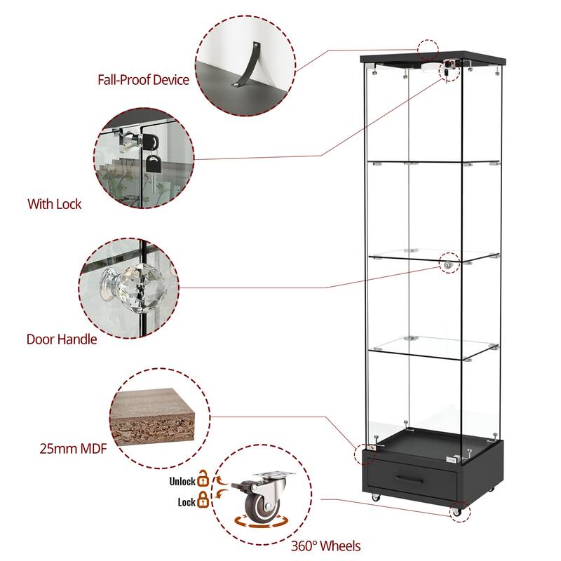 Glass Display Cabinet With Drawer,Cabinet With Led Lights,Tempered Glass Bookshelf, 1-Door Storage Case With 4 Shelves