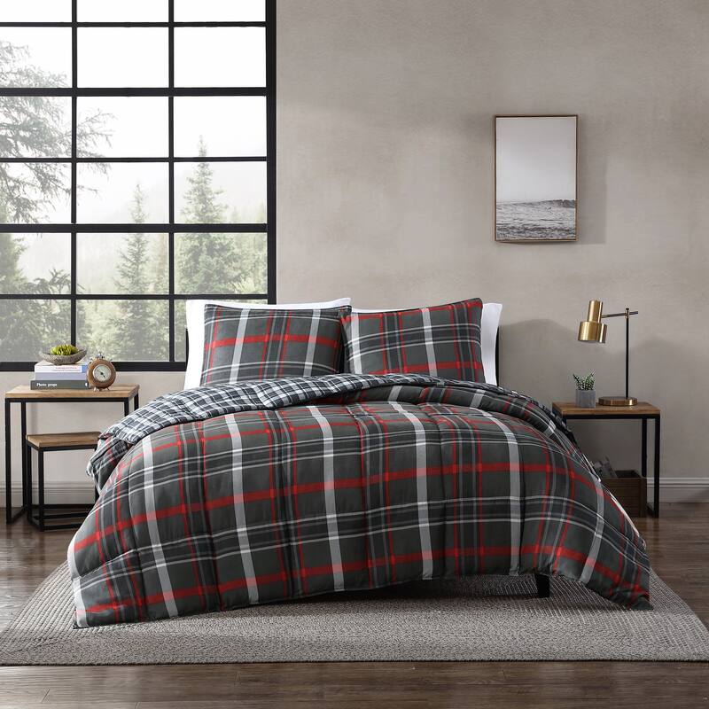 Eddie Bauer Willow Plaid Down Alt Grey Reversible Comforter Set