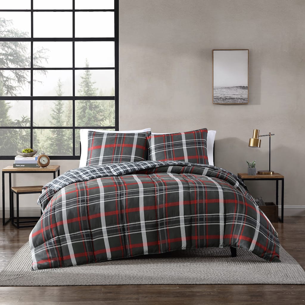 Eddie Bauer Willow Plaid Down Alt Grey Reversible Comforter Set