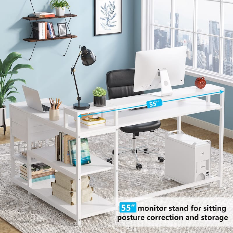 Modern L Shaped Computer Desk with Drawer and storage shelf