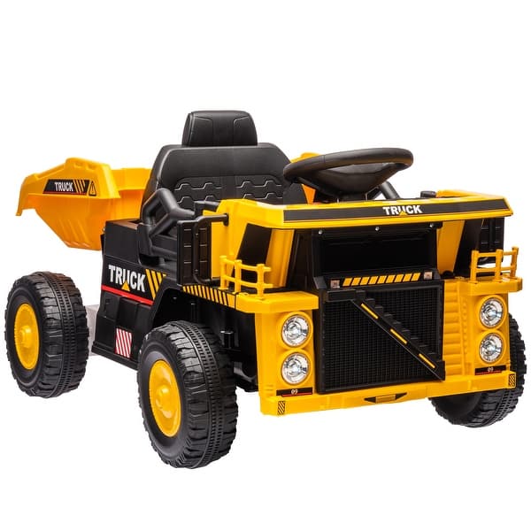 slide 2 of 9, 12V Kids Ride-On Dump Truck with Automatic Dumping, Remote Control, Music & All-Terrain Suspension - Yellow Yellow
