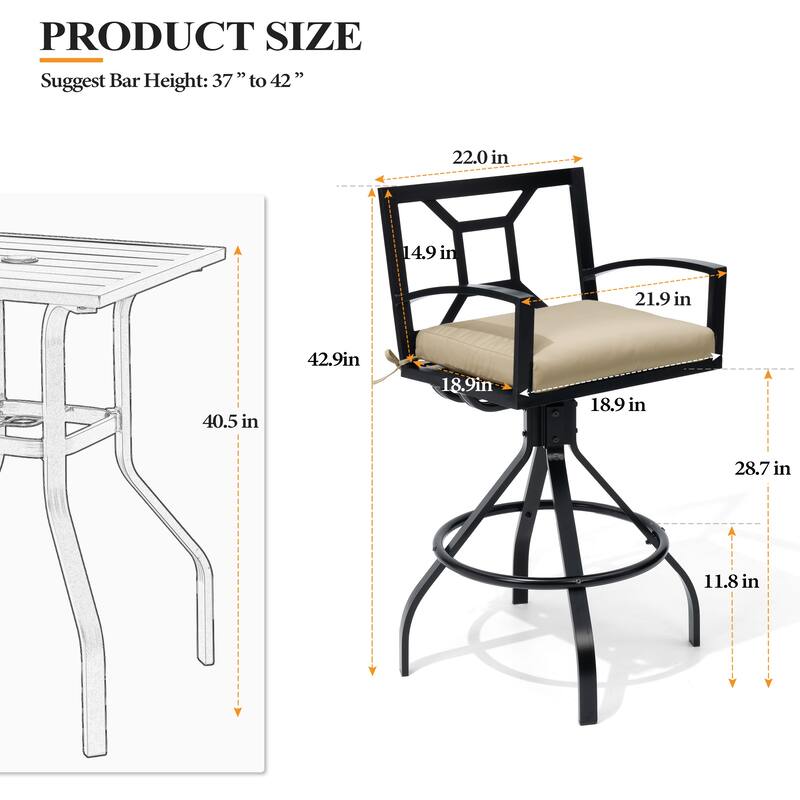 Outdoor Patio Barstool Swivel Aluminum Bar Stools with Sunbrella Fabric Cushion