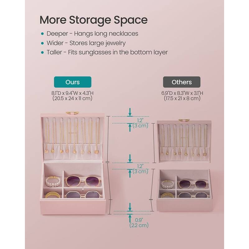 2-Layer Jewelry Organizer Box with Gold Metal Handle Perfect Gift for Birthdays or Anniversaries - 8.1"D x 9.4"W x 4.3"H