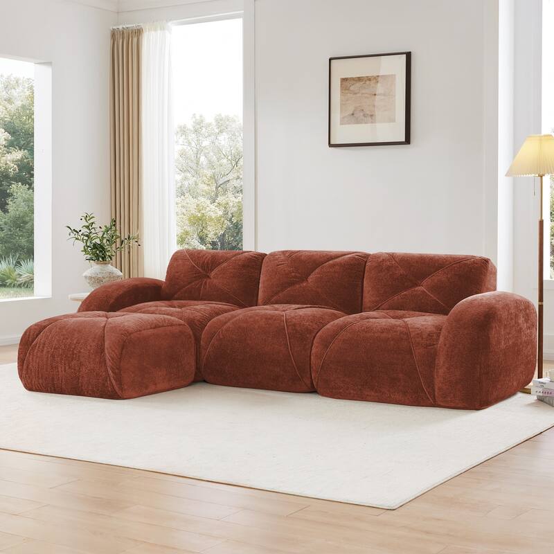 L-shaped Soft Velvet Fabric, Boneless Sofa, Tufted Design, Ergonomic Design Bottom, 32D High Density Sponge