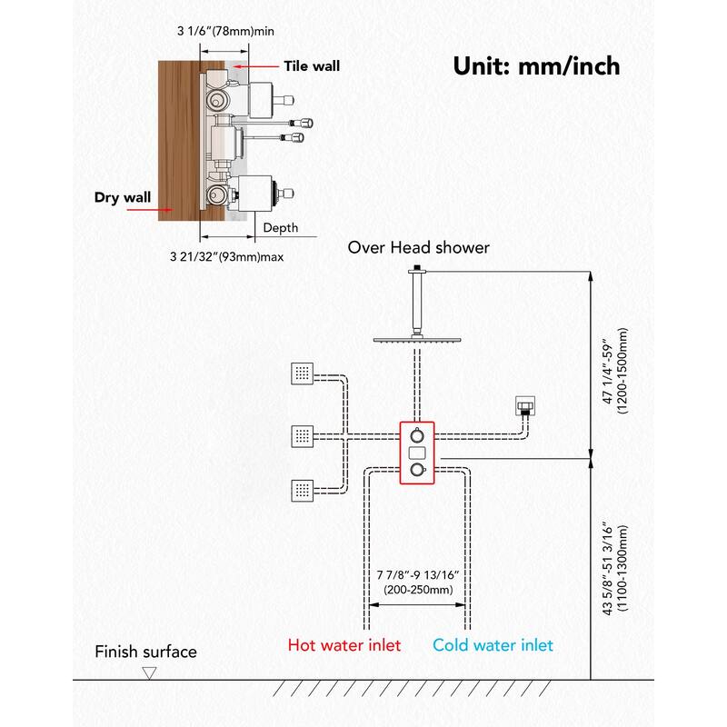 LCD Temperature Display 12" High-Pressure Shower System With Pressure Balancing Diverter Valve - 12-Inch