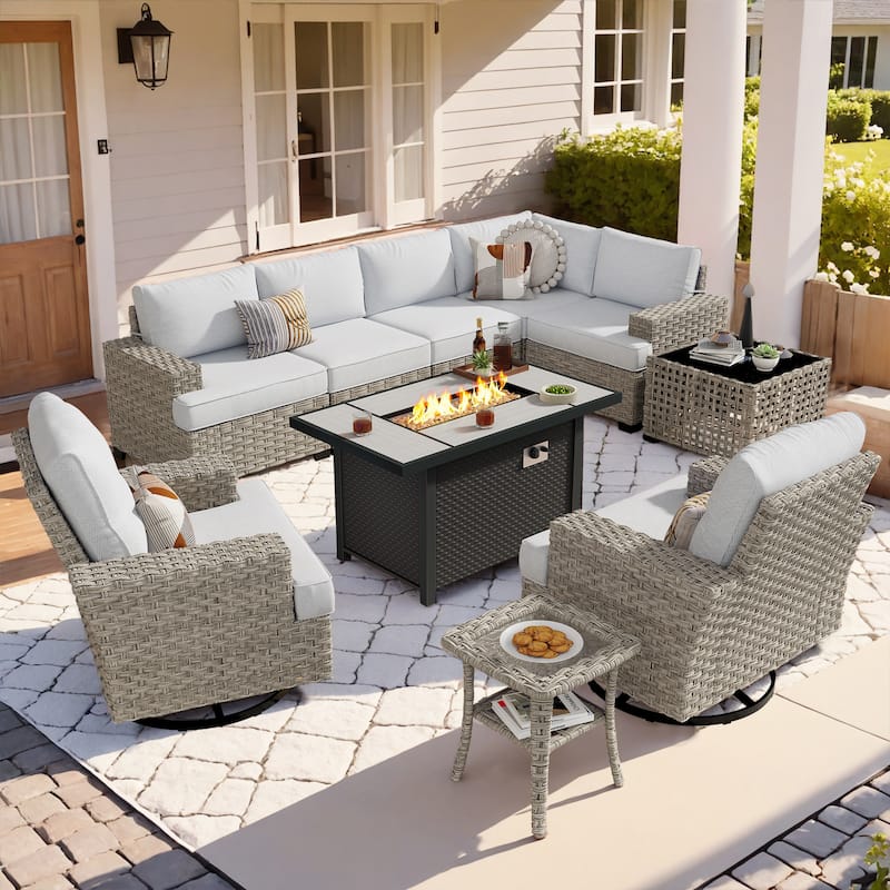 OVIOS 10 Pieces T shaped Seat Wide Armrest Swivel Chair Set With Fire Pit - Grey