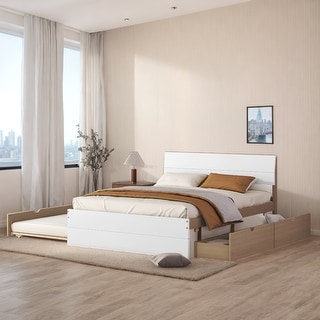 Modern Full Bed Frame with Trundle & 2 Drawers, White High Gloss Finish, White+Oak