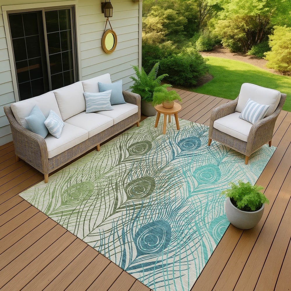 Machine Washable Indoor/ Outdoor Modern Peacock Chantille Rug