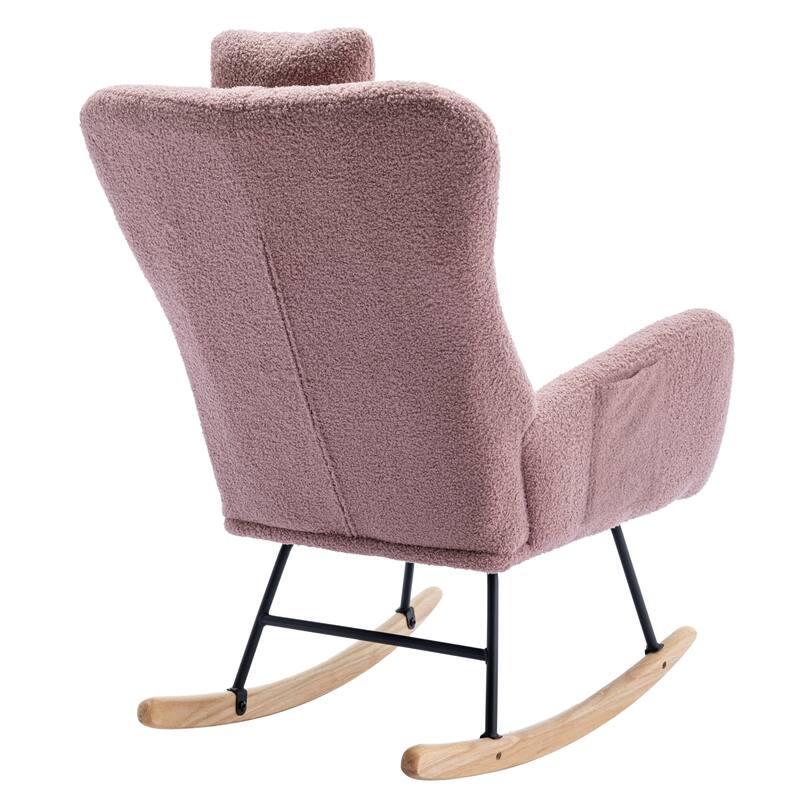 Teddy Fabric Wingback Rocking Chair for Nursery with Safe Solid Wood Base