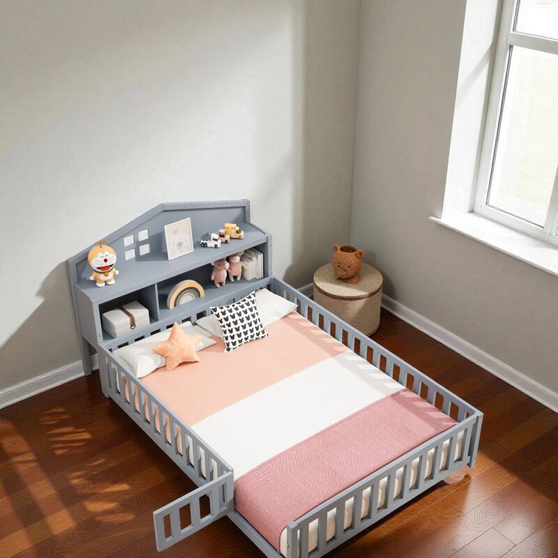 Full Size Montessori Floor Bed with Guard Rails, Bookcase Headboard & Blackboard, Solid Wood Platform Bed for Kids