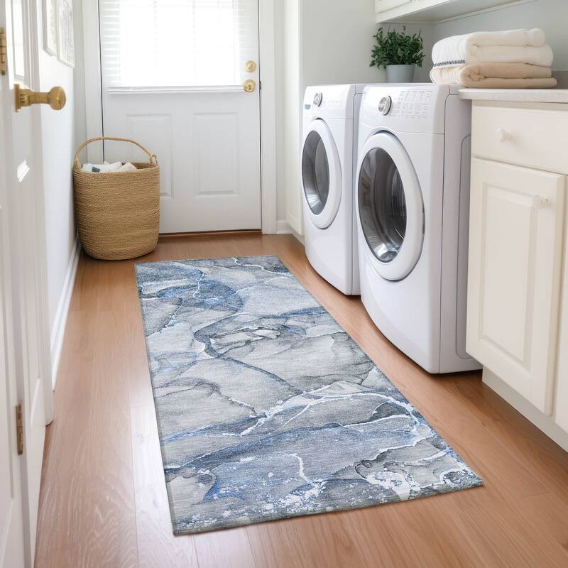 Machine Washable Indoor/ Outdoor Abstract Chantille Rug - 2'3" x 7'6" - Blue