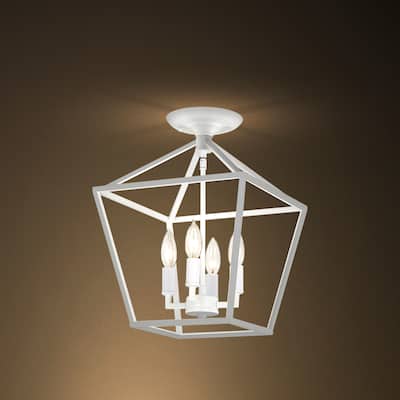 12 in. 4-Light Farmhouse Caged White Semi- Flush Mount Ceiling Light - N/A