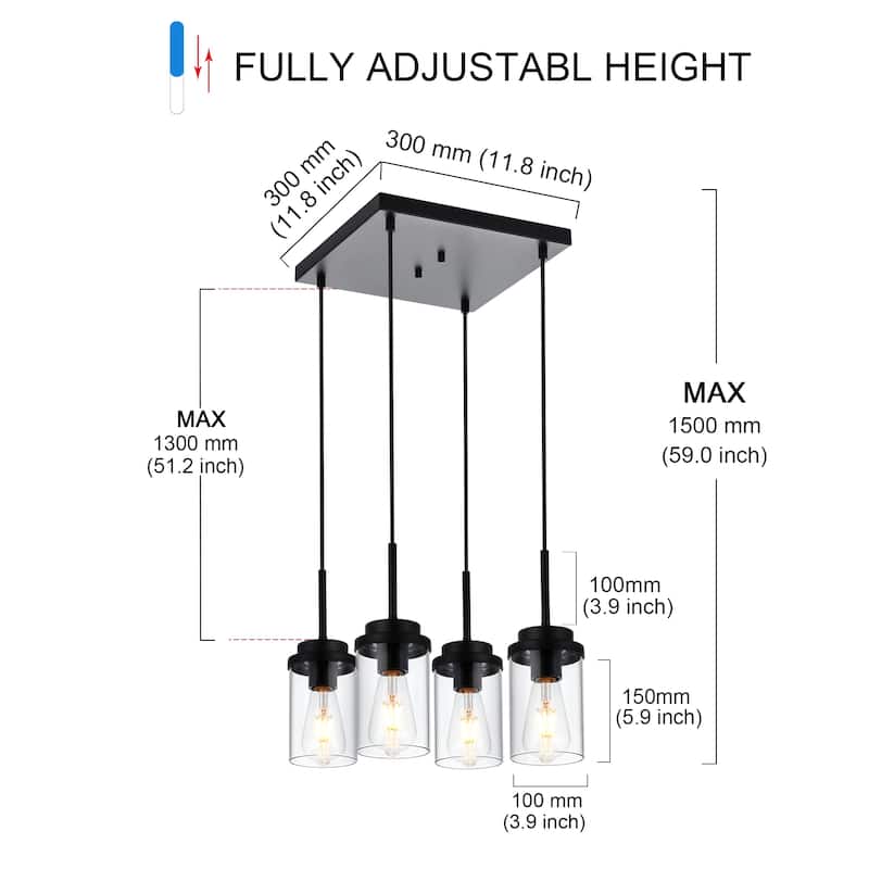 Modern Metal Pendant Lights with Clear Glass - Black - 4-Light