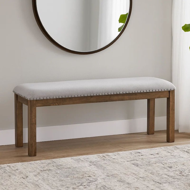 Nailhead Trim Wooden Dining Bench with Fabric Upholstery, Brown and Gray