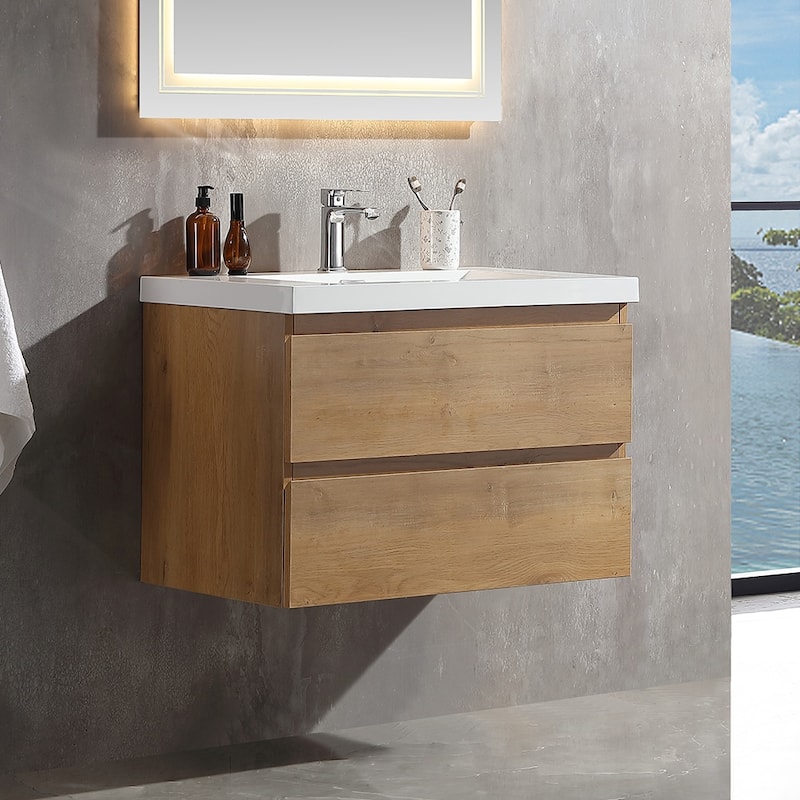 Floating Bathroom Vanity 24"-48" – Smoked Oak Finish, White Integrated Sink - 30 inch Vanity