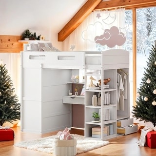 Multi-Functional Design Twin Size Loft Bed with Built-In Desk, Wardrobes, Left-Side Storage, 4 Drawers and 4 Shelves, White