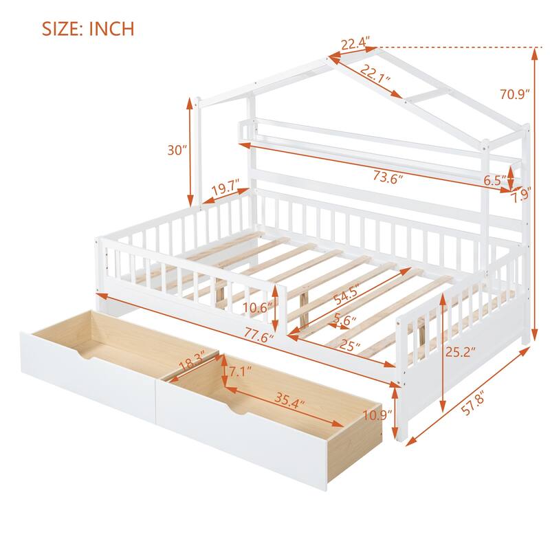 Pine House Bed with Drawers, Shelf & Guardrail