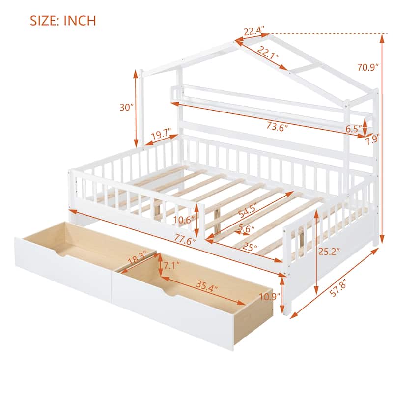 Wooden Full Size House bed with 2 Drawers, bed with Storage Shelf, White