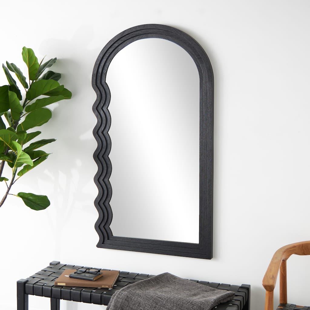 Black Wood Handmade Wavy Room Wall Mirror with Dimensional Carved Frame - 2"W x 28"L x 51"H